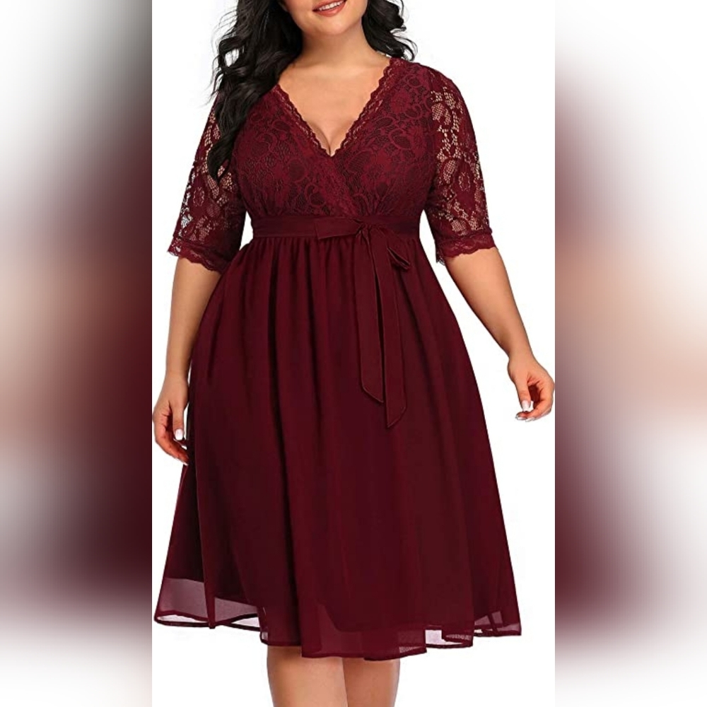 Brand New Lace Chiffon Wrap V Neck Dress